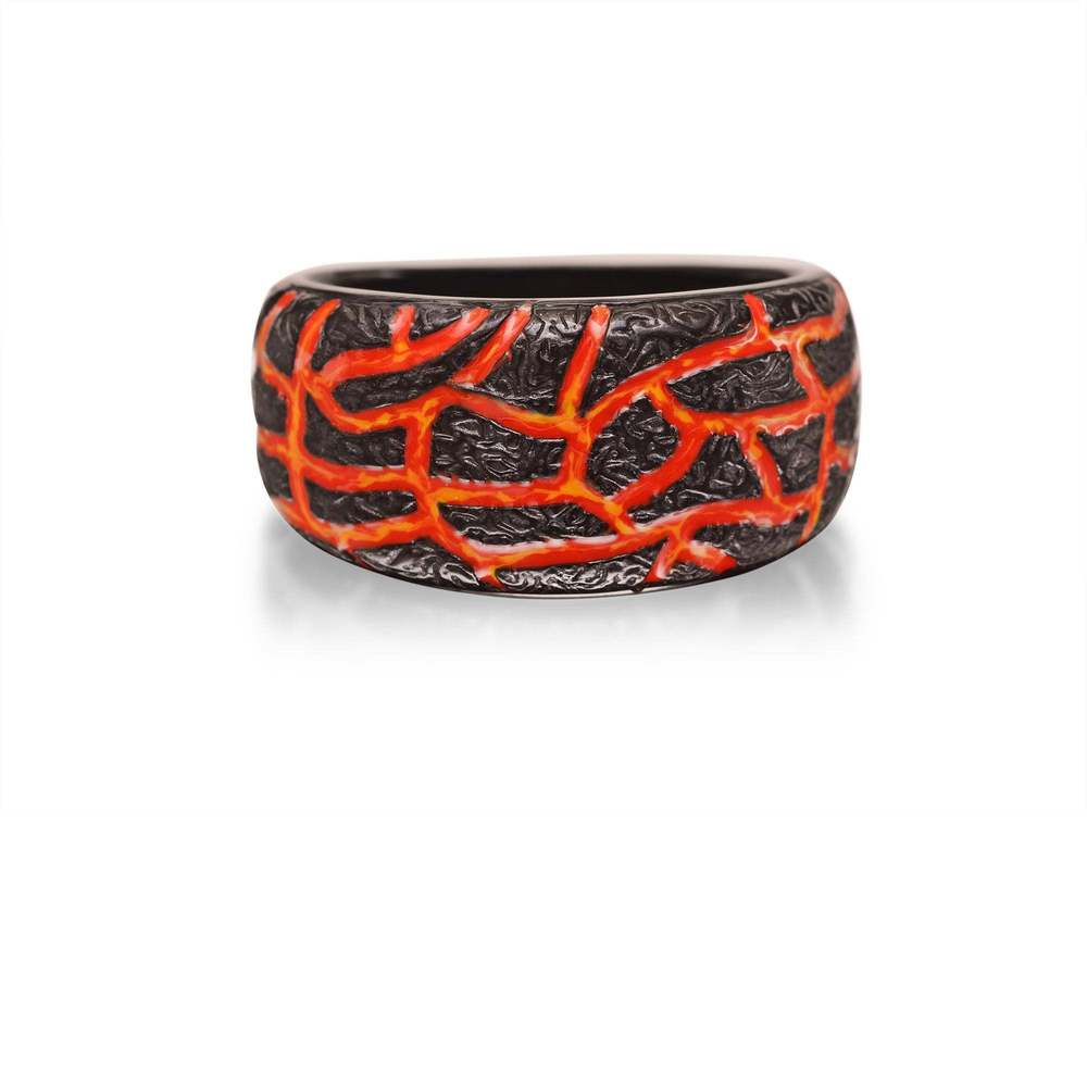 Black Rhodium Plated Sterling Silver Textured Red Orange Enamel Band Ring